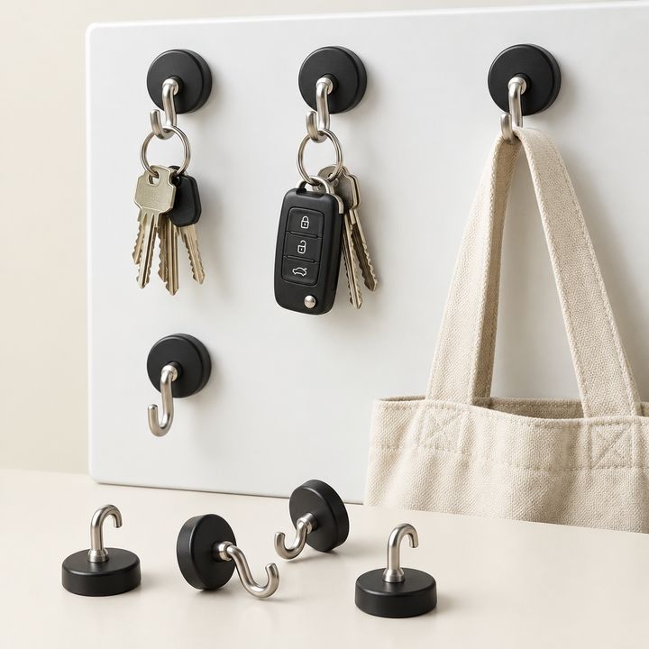 DIYMAG magnetic hooks, 20 pack — Twenty strong magnetic hooks for fridges, garages and cabins.