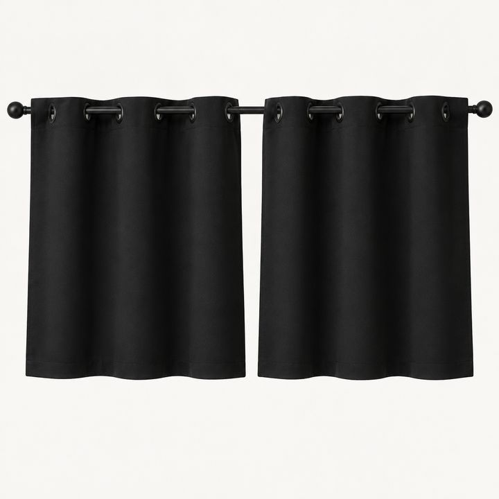 NICETOWN black blackout cafe curtains, 2 panels — Short black panels for kitchen or bathroom windows.