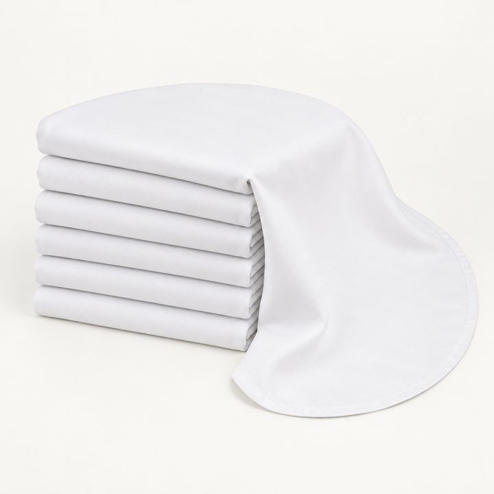 sancua Round White Tablecloths — Six white 90-inch round tablecloths.